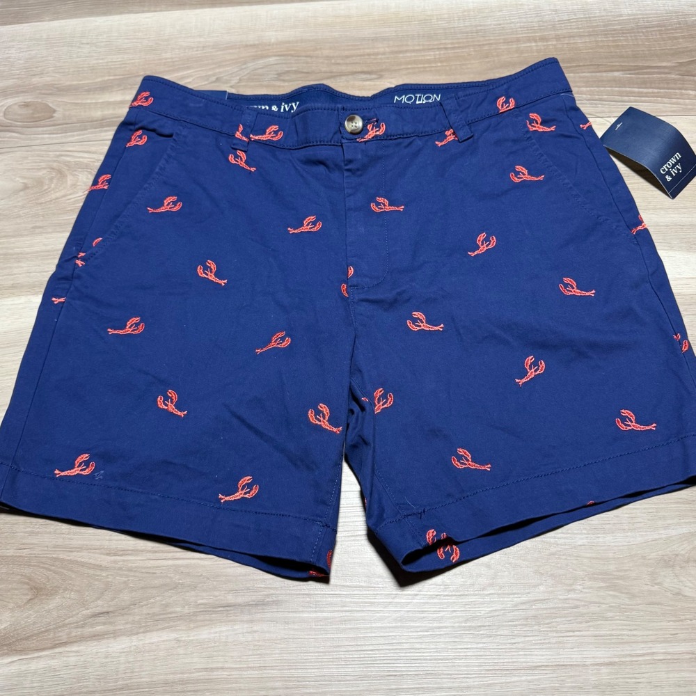 Crown & Ivy Shorts Mens 34 Blue Lobster Motion Flex Embroidered Nautical Hole